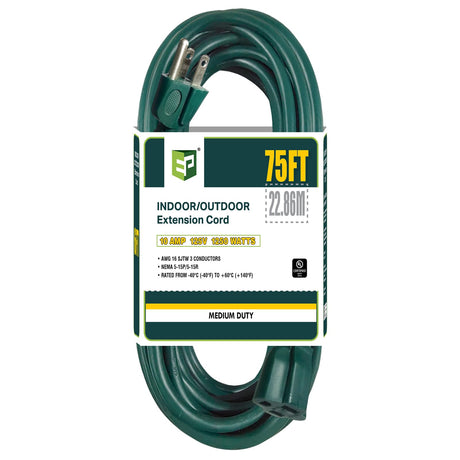 EP 75 Ft Outdoor Extension Cord - 16/3 SJTW Green Electrical Cable with 3 Prong Grounded Plug EP