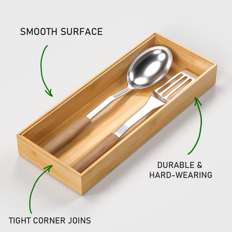 VeyFey Bamboo Drawer Organizer, Stackable Utensil Organizer for Kitchen, Bamboo Storage Box Wood Silverware Tray for Drawer 15" x 6" x 2" Set of 2 VeyFey
