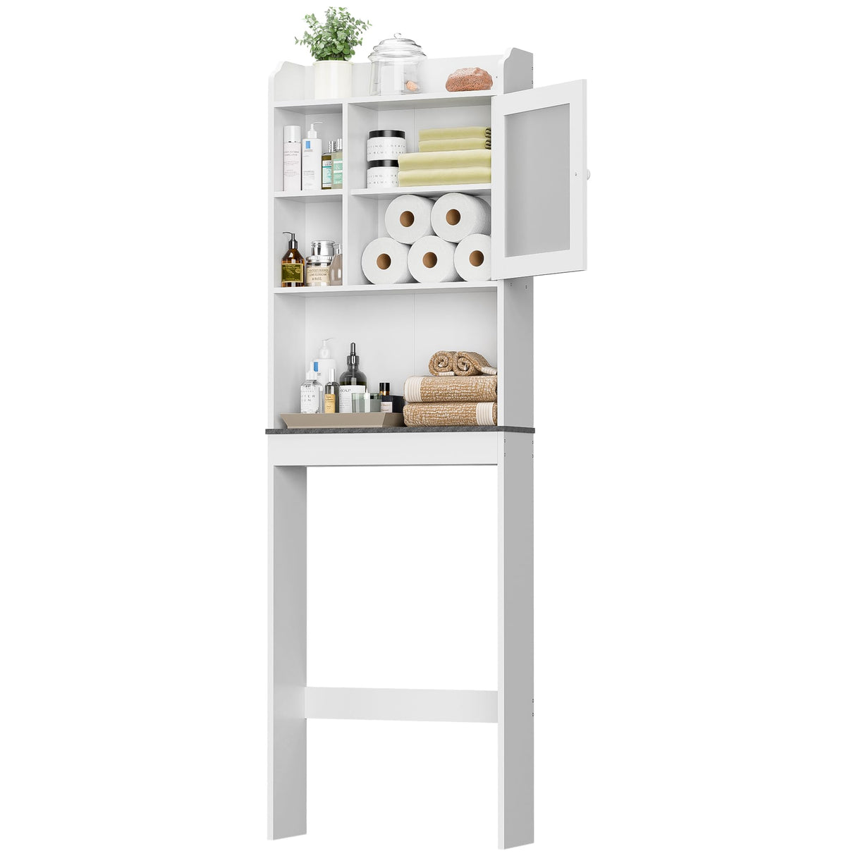 SUPER DEAL Over The Toilet Bathroom Storage Cabinet Freestanding Wooden Bathroom Organizer with Adjustable Shelves and Glass Door, White SUPER DEAL