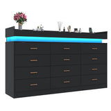 12 Drawer Dresser with LED Light and Charging Station, 70" Modern Chest of Drawers for Closet, Wide Drawer Organizer Cabinet for Bedroom, Living Room, Entryway, Hallway, Black Hlivelood