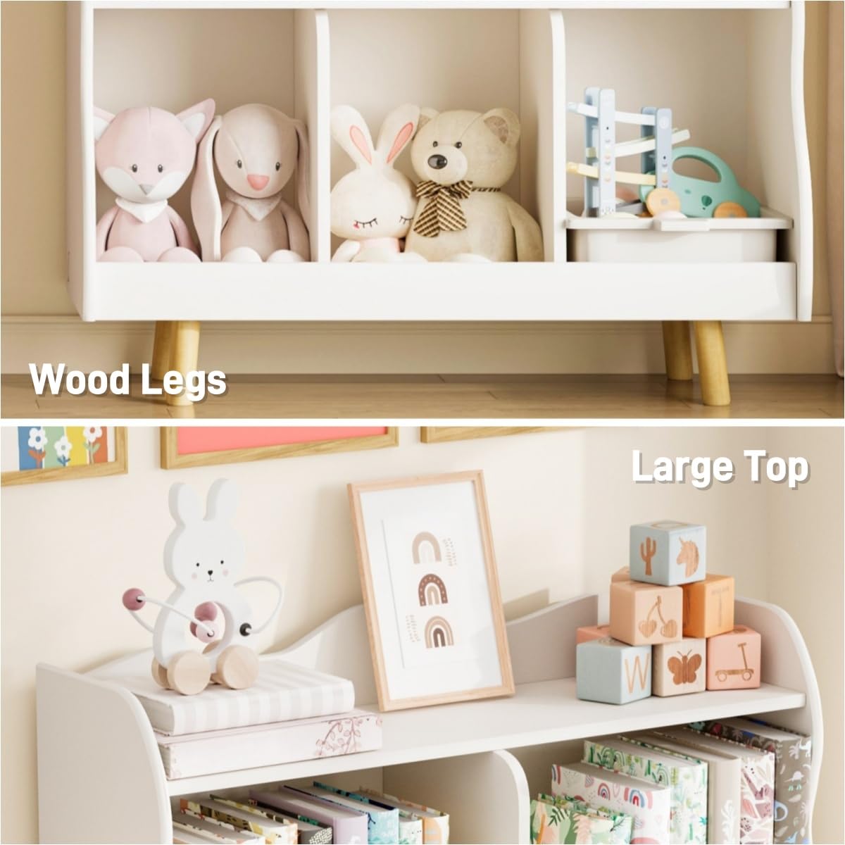 Treocho Kids Bookshelf and Toy Storage Orangizer, 3-Tier Wooden Children's Bookcase with Curve Design, 5 Cubbies Toy Storage Cabinet Display with Legs for Children's Room, Playroom, School, White Treocho