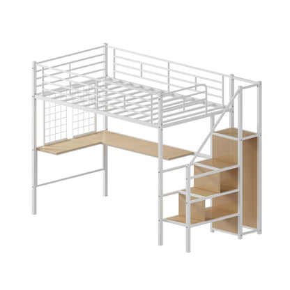 Twin Loft Bed with Desk and Storage Shelf, Metal Kids Loft Bed with Stairs, Wardrobe and Metal Grid, Twin Size Loft Bed for Kids, Girls, Boys, No Box Spring Needed, White Loft Bed Twin Size