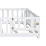 Bellemave Floor Bed Full Size Montessori Bed Frame with Fence and Door, Wooden Full Platform Bed for Kids, Boys Girls, Solid Wood Full Bed, No Box Spring Needed (White) Bellemave