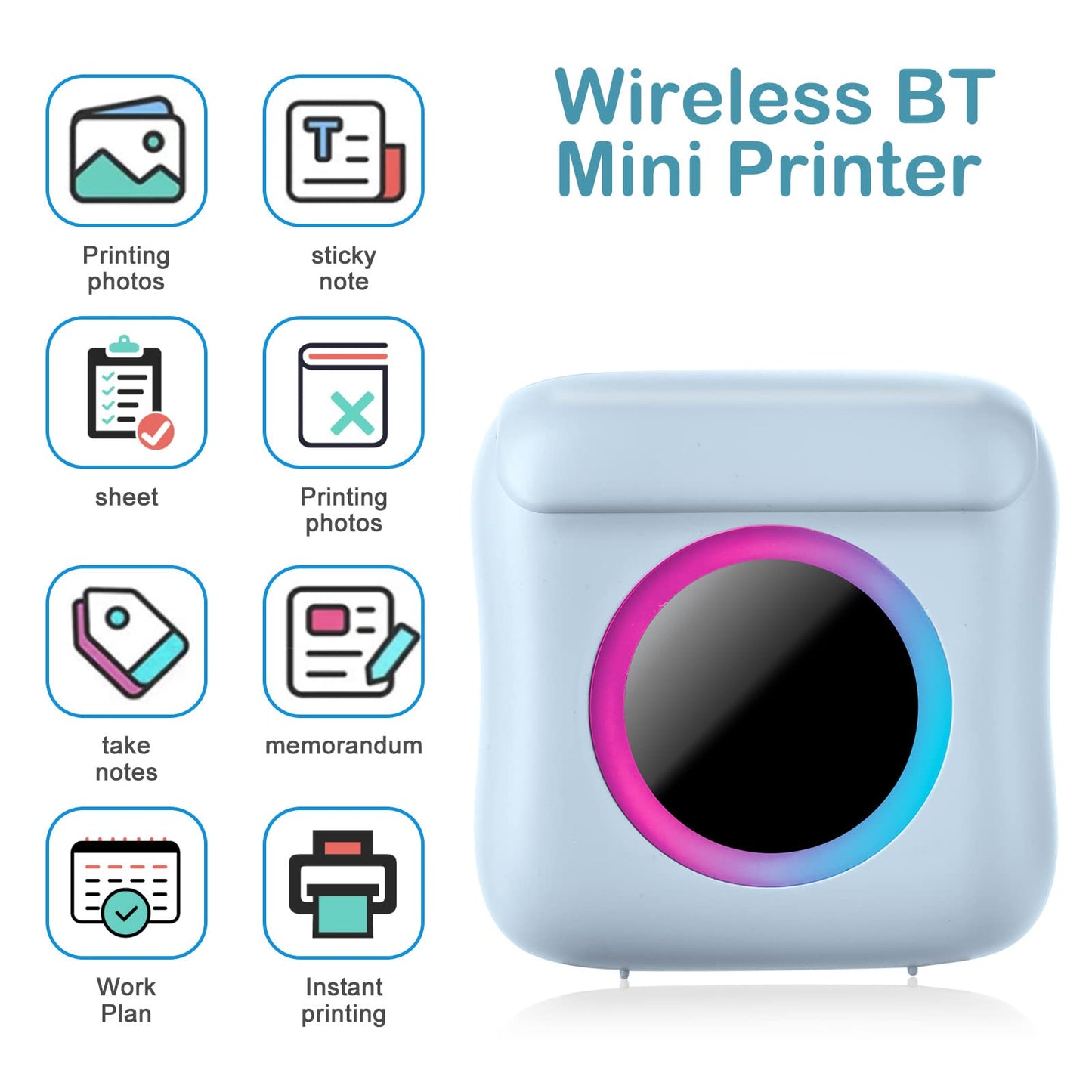 Mini Printer Portable for Smartphone, Wireless Thermal Printer Photo Printer with 7 Rolls of Paper, Inkless Pocket Printer Bluetooth Smart Printer for Picture, Receipt Label, Note, QR Code Printing