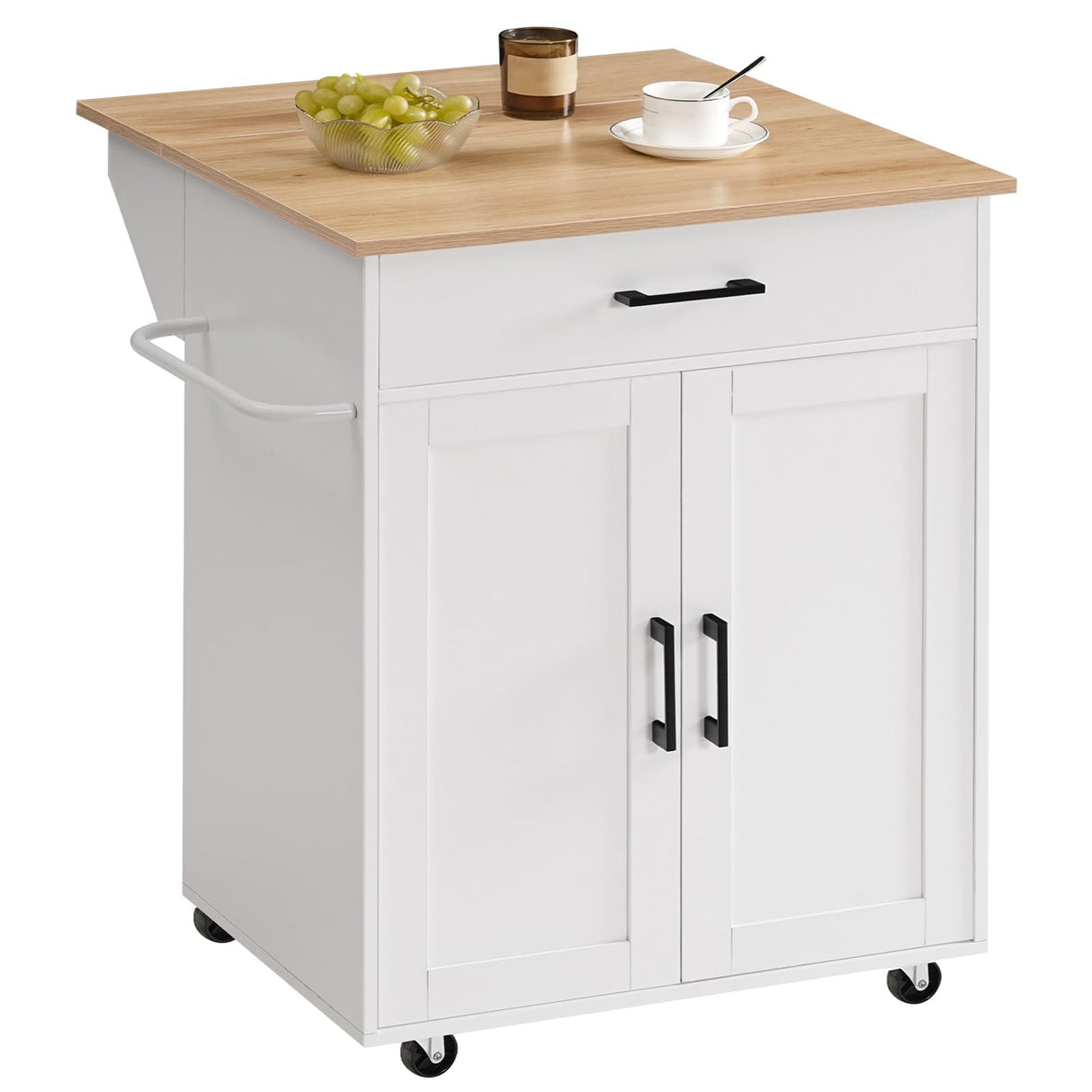MAHANCRIS Kitchen Island on Wheels with Drop Leaf, Folding Countertop Kitchen Island Cart, Kitchen Island Table with Towel Rack, Drawer, for Kitchen, Dining Room, White and Natural KINW12501 MAHANCRIS