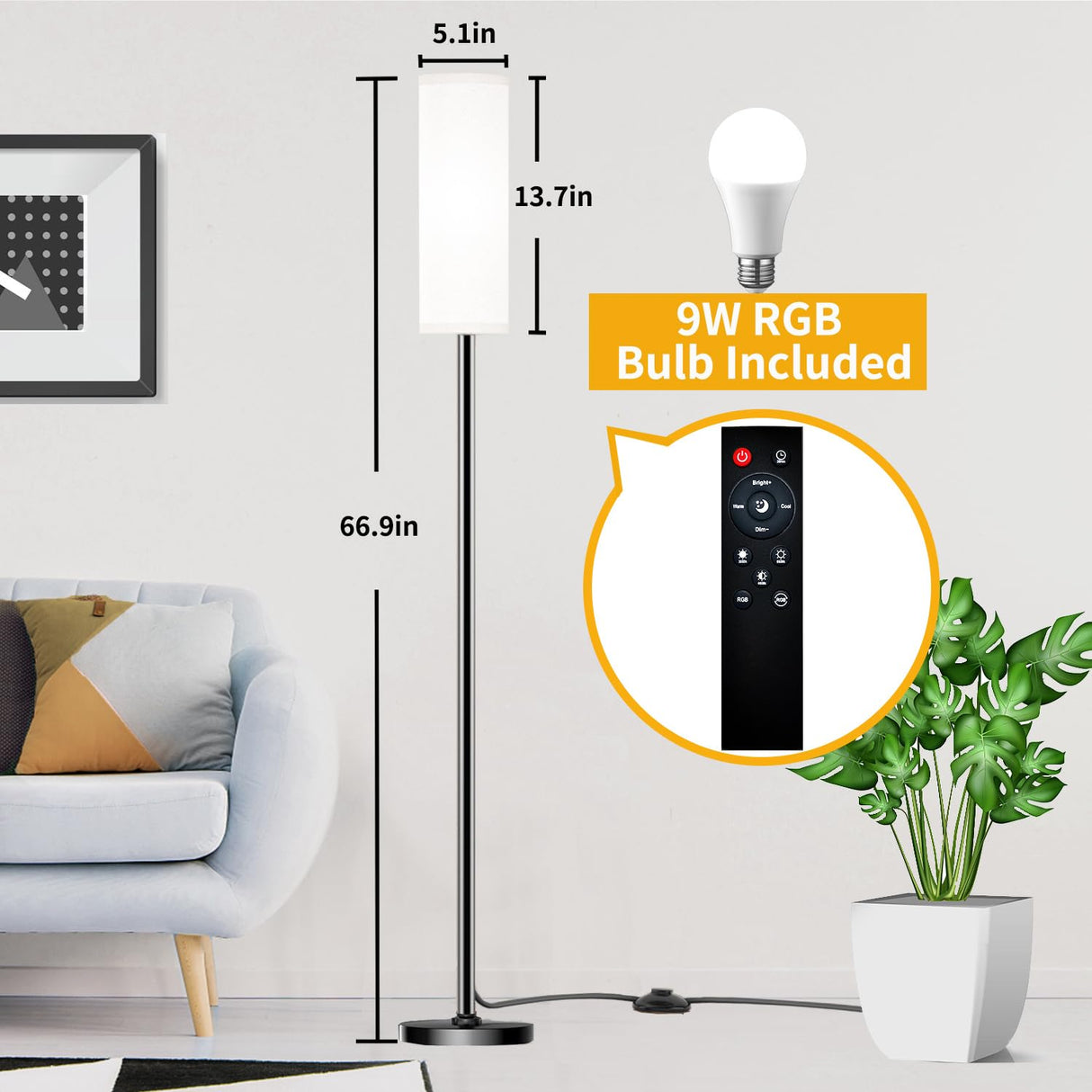 Qaubauyt Floor Lamp for Living Room Bedroom,Modern LED Floor Lamp with Remote Control and Stepless Dimmable Colors Temperature & Brightness,Standing Lamps Tall Lamp, 9W Bulb Included(White) Qaubauyt