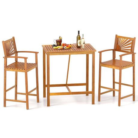 Tangkula 3 Piece Patio Bar Table & Chairs, Outdoor Acacia Wood Bar Set w/Slatted Seat & Tabletop, Wood Dining Bar Set w/Backrest, Armrests & Footrest for Backyard, Poolside, Balcony Tangkula