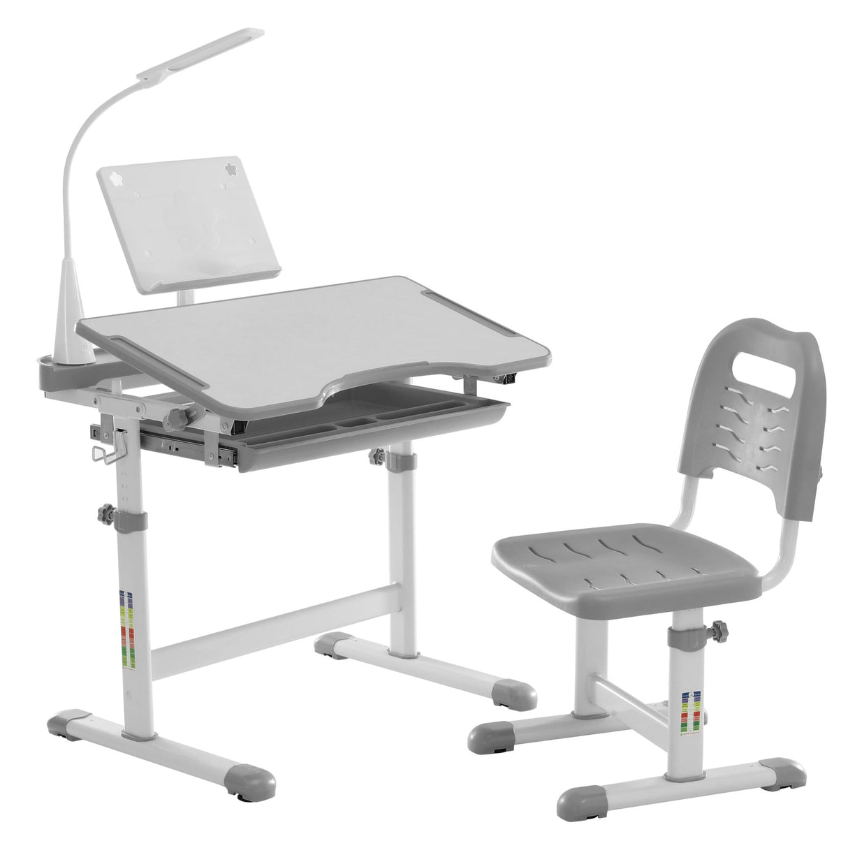 Diroan Kids Functional Desk and Chair Set, Ergonomic Height Adjustable Children School Study Desk with Tilt Desktop, Book Stand, LED Light, Metal Hook and Storage Drawer for Boys Girls(Grey) Diroan