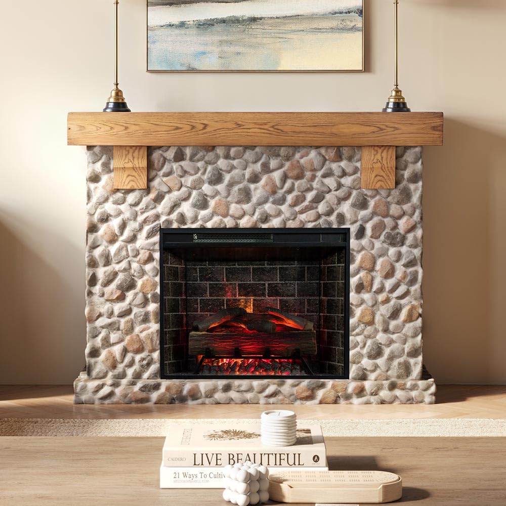 Country Living Glenbrook 55 Inch Oak Wood Mantel with Cast Stone River Rock Surround & 28" Smart Electric Fireplace | Works with Remote, Wi-Fi App, Alexa and Google | LED Multi-Flame Options Country Living