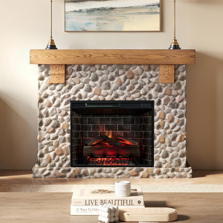 Country Living Glenbrook 55 Inch Oak Wood Mantel with Cast Stone River Rock Surround & 28" Smart Electric Fireplace | Works with Remote, Wi-Fi App, Alexa and Google | LED Multi-Flame Options Country Living