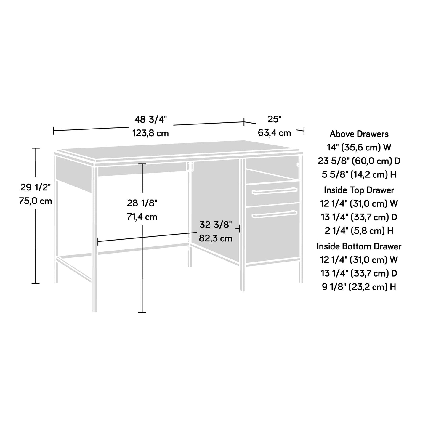 Sauder Nova Loft Single Ped Desk, L: 48.74" x W: 24.96" x H: 29.53", Grand Walnut Finish - WoodArtSupply