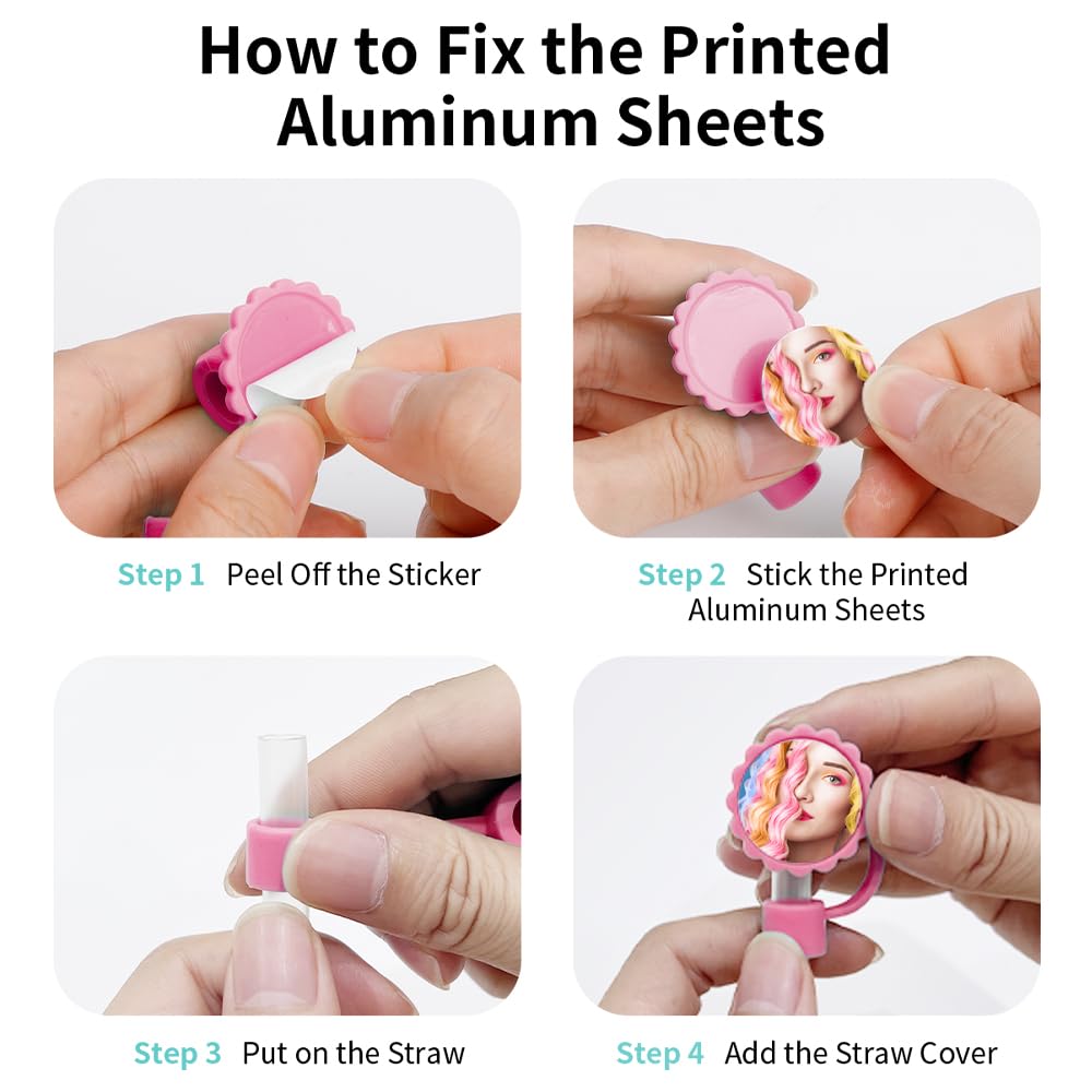 PYD Life 12 Pack Sublimation Straw Cover Cap Topper Silicone Pink for 40 OZ 30 OZ 20 OZ Stanley Tumbler Cup 10mm Straws 1.18" Flower Round with 1" Sublimation Blanks Aluminum Round Sheets PYD Life