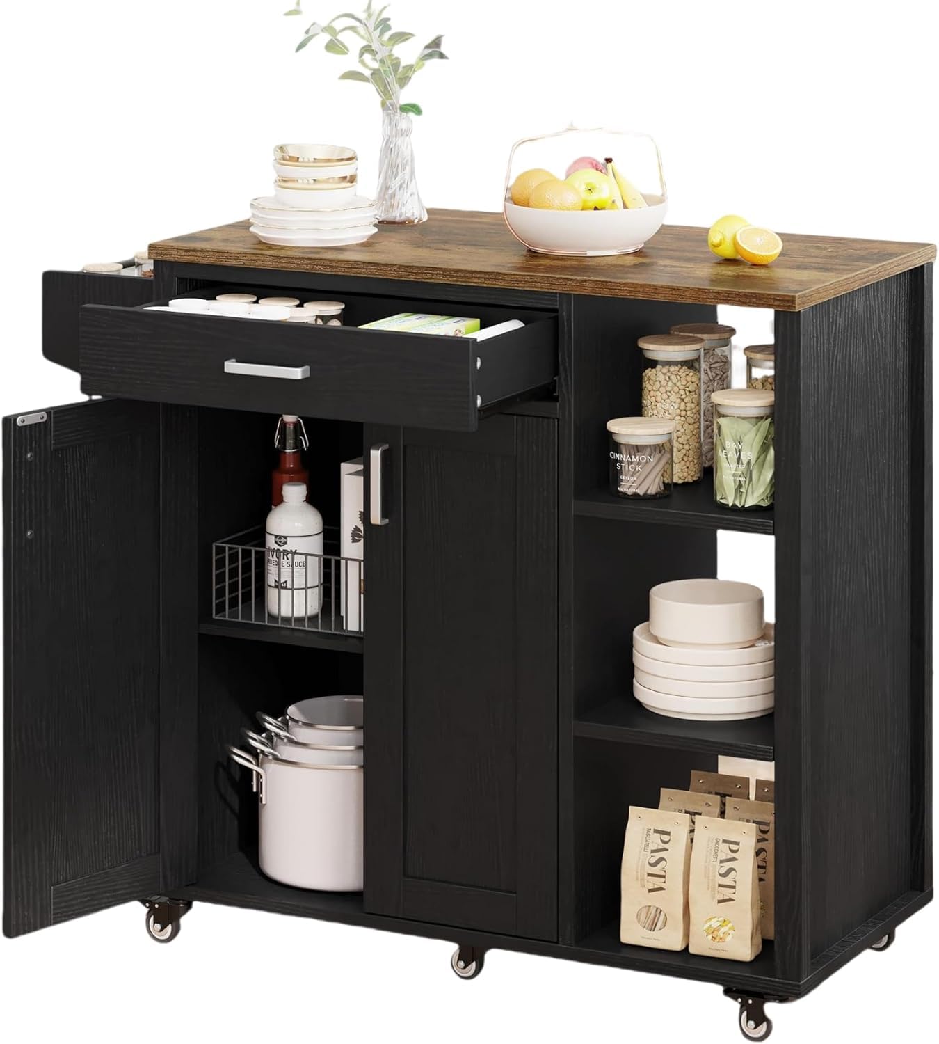 YITAHOME 37" Rolling Kitchen Island Cart with Storage, Butcher Block Island on Wheels, Mobile Kitchen Storage Carts with Shelves & Spice, Black