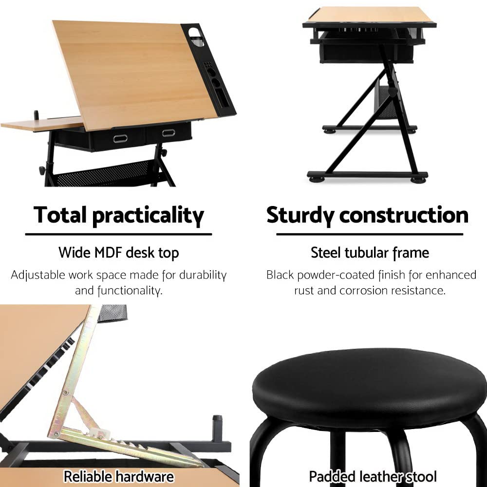 Drawing Table Stool Set Artiss Ajustable Metal Base Art & Craft Drafting Desk Table Art/Workstation with Removable Side Tray Drawers for Student Adults Artiss
