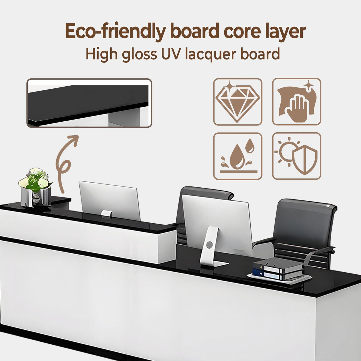 Huariifowm Modern Reception Desk Counter with with Counter & Lockable Srotage Drawers Office Wooden Front Desk with Keyboard Holder for Office (Pure White+Black/Left, 87" L*24" W*39" H) Huariifowm