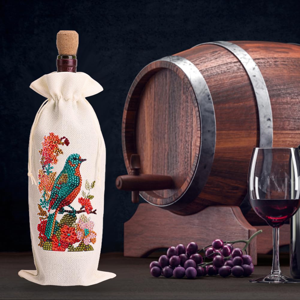 4 Pcs DIY Diamond Painting Art Kit Diamond Painting Wine Bag Kit Rhinestones Label Liquor Bottle Cover Gift for Wine Lover Women Men Christmas (Flower Birds) Generic