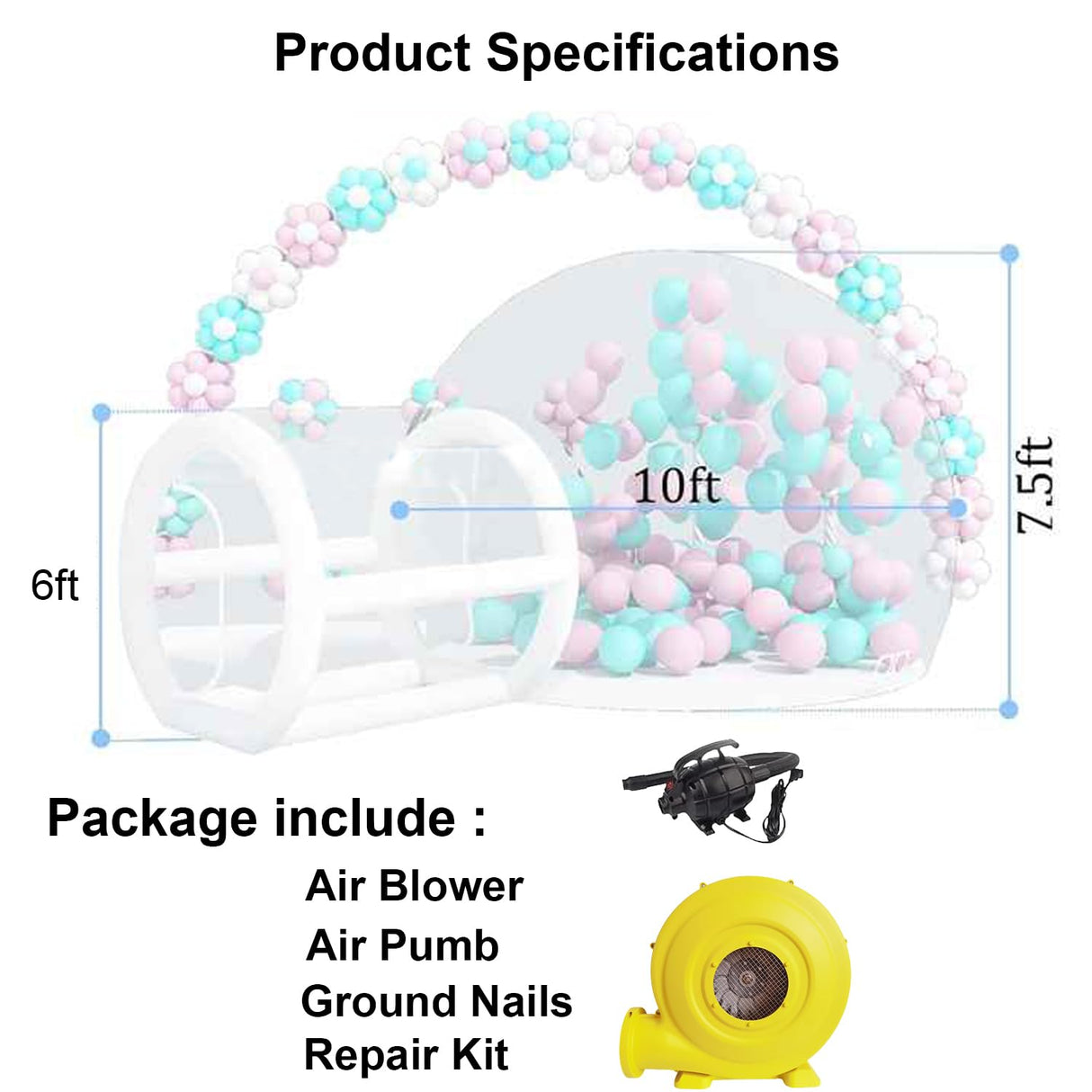 10FT Inflatable Bubble House Dome for Kids, Clear PVC Inflatable Bubble House Tent with Tunnel, Bubble Balloon House with 800W Air Blower, 600W Air Pump with 50pcs Balloons Inflatable Dome for Party AEOR