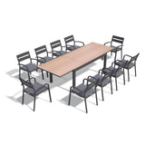 SUNSITT 11-Piece Outdoor Patio Dining Set, 63" - 105" Aluminum Expandable Outdoor Dining Table Set for 10, 10 Stackable Chairs with Gray Removable Cushions SUNSITT