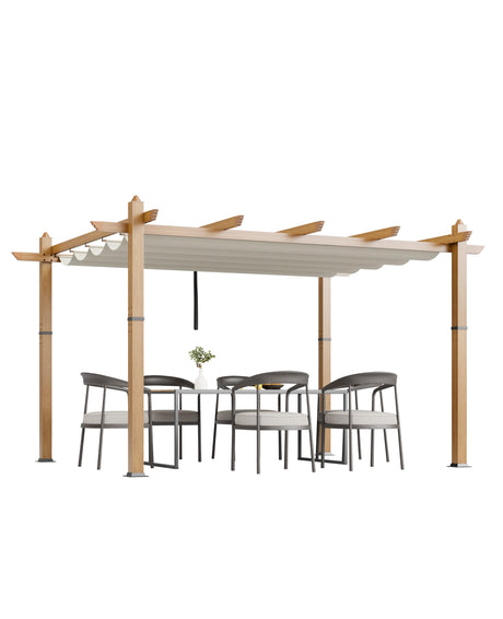 10x13 Ft Outdoor Retractable Pergola Aluminium Pergola Canopy with Adjustable Roof, Upgraded Faux Wood Grain Modern Metal Patio Gazebo for Deck, Backyard Garden, Porch, Grape Trellis, Beige GustoWave