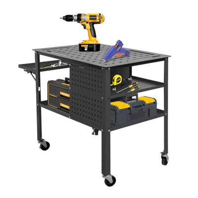 Hymula Welding Table 36" X 24", 1200 lbs Load Capacity Welding Work Bench on Wheels, Steel Work Table with Adjustable Shelves, Portable Workbench with Foldable Tray, Welding Cart for Welding Sawing