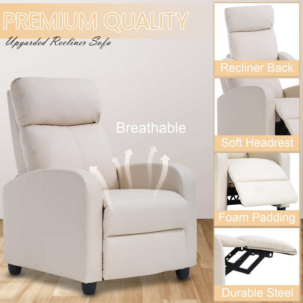 Dopinmin Recliner Chair Breathable Padded PU Leather Massage Single Sofa Recliners for Small Recliner Chair with Footrest Home Theater Seating for Bedroom Living Room,Beige Dopinmin