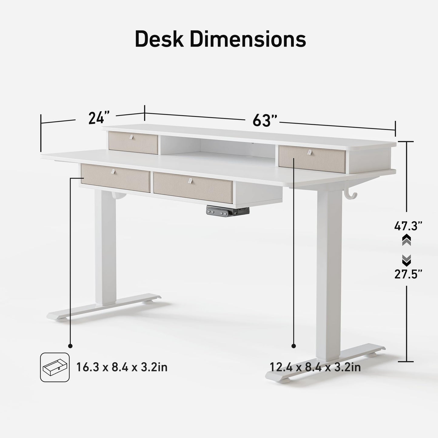 FEZIBO Sturdy Height Adjustable Electric Standing Desk with Drawers, 63 x 24 Inch Stand Up Table with Large Storage Shelf, Sit Stand Desk, White Top - WoodArtSupply