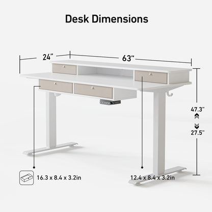 FEZIBO Sturdy Height Adjustable Electric Standing Desk with Drawers, 63 x 24 Inch Stand Up Table with Large Storage Shelf, Sit Stand Desk, White Top - WoodArtSupply