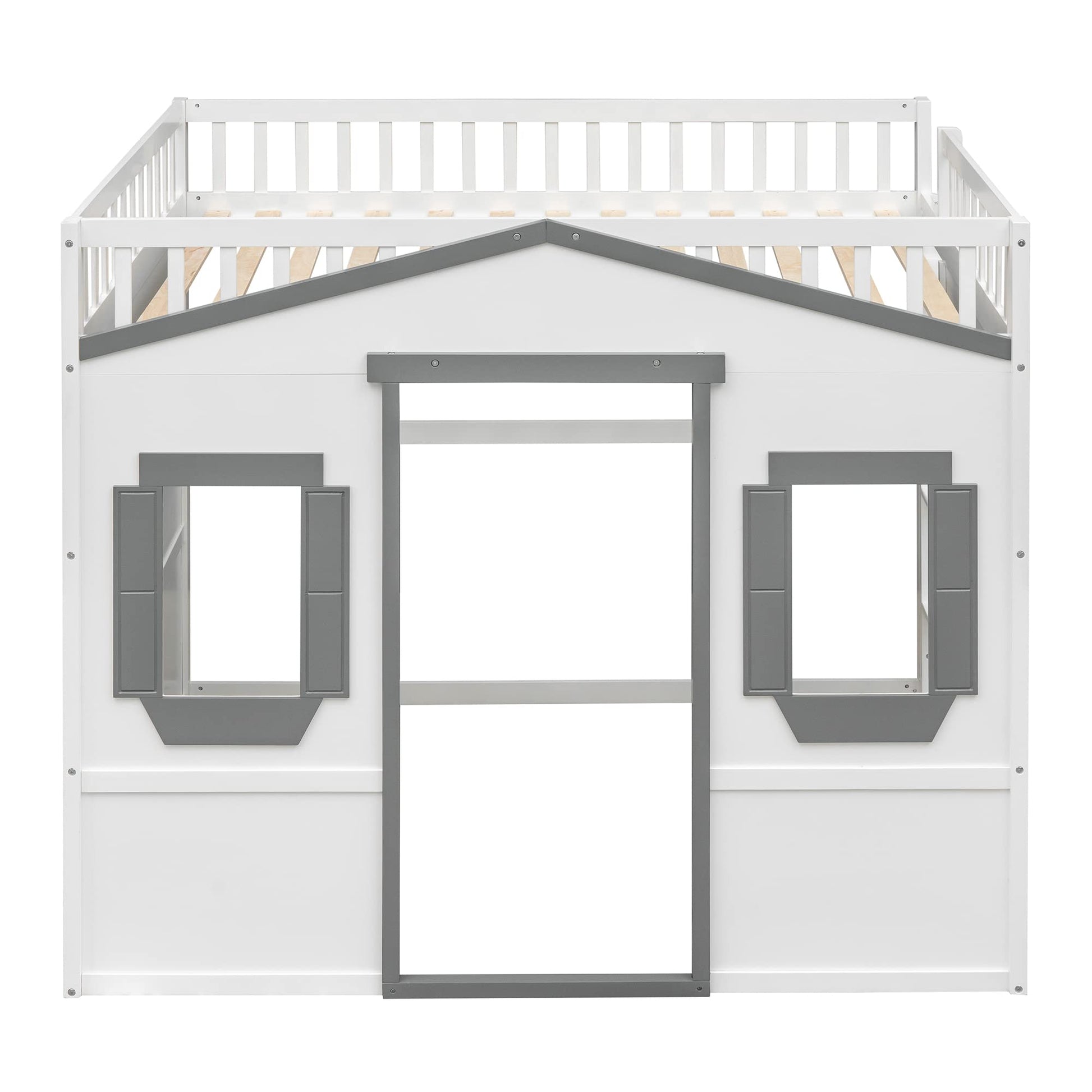 Stylish White and Gray Full Size House Loft Bed for Kids with Playhouse Design and Safety Features - WoodArtSupply