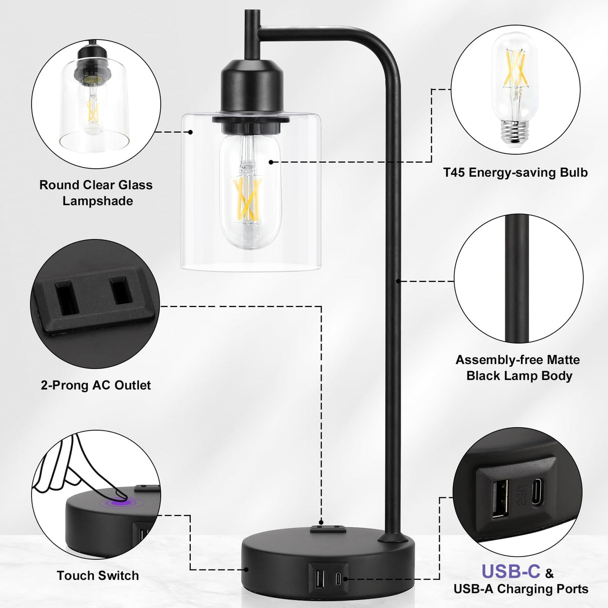 Industrial Touch Table Lamps for Bedrooms Set of 2 - 3-Way Dimmable Nightstand Lamps with USB C+A Ports and Outlet, Black Bedside Lamps with Glass Shade for Living Room, Desk Lamps for Home Office Innqoo