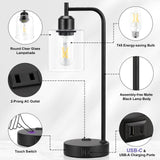 Industrial Touch Table Lamps for Bedrooms Set of 2 - 3-Way Dimmable Nightstand Lamps with USB C+A Ports and Outlet, Black Bedside Lamps with Glass Shade for Living Room, Desk Lamps for Home Office Innqoo