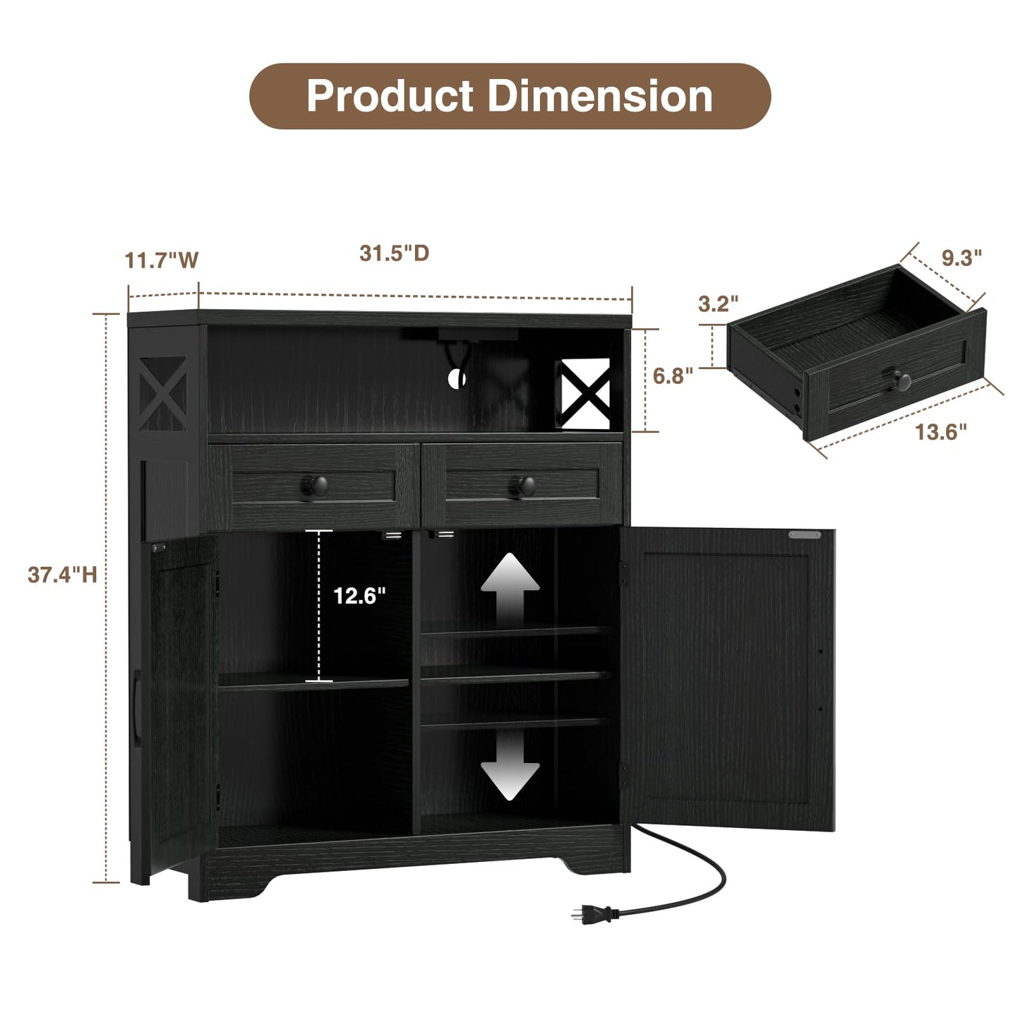 31.5" Black Storage Cabinet with Drawers & Shelf, Farmhouse Sideboard Buffet Cabinet with Storage, Kitchen Pantry Hutch Cabinet, Coffee Bar Cabinet Station Table for Kitchen, Livingroom, Dining Room