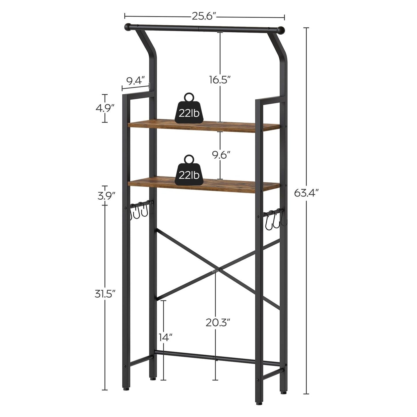 YATINEY Over The Toilet Storage, 2-Tier Bathroom Organizer Shelves with Hooks, Multifunctional Vertical The Toilet Shelf Storage Rack for Bathroom, Rustic Brown and Black TR01BR