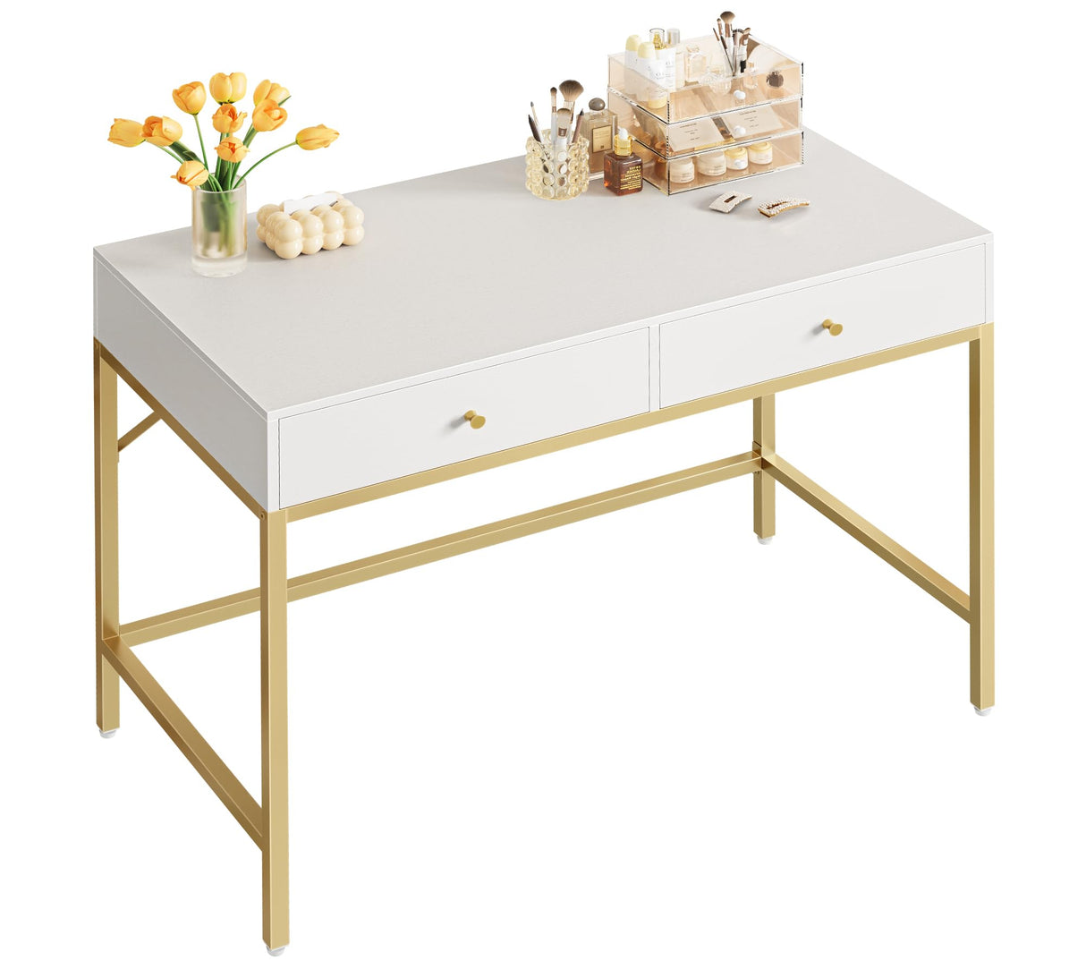 SUPERJARE 39.4" White and Gold Desk with 2 Drawers, Modern Makeup Vanity Desk, Small Computer Desk Home Office Desk for Writing Study Bedroom SUPERJARE