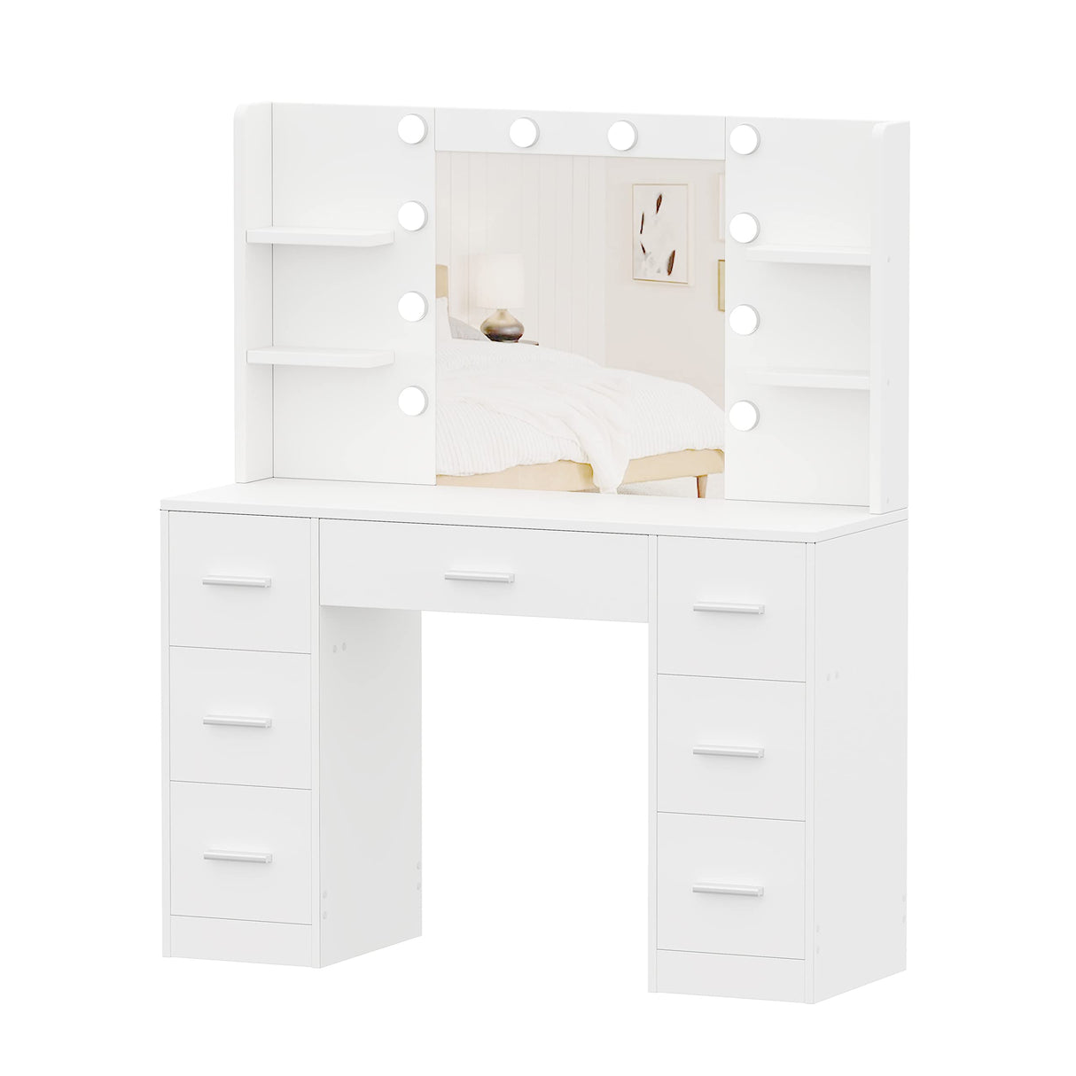 Irontar Vanity Desk, Makeup Vanity with 10 LED Lights & 7 Metal Sliding Drawers, Brightness Adjustable, Vanity Table with 6 Open Shelves, Makeup Table for Women, White WDT005W Irontar