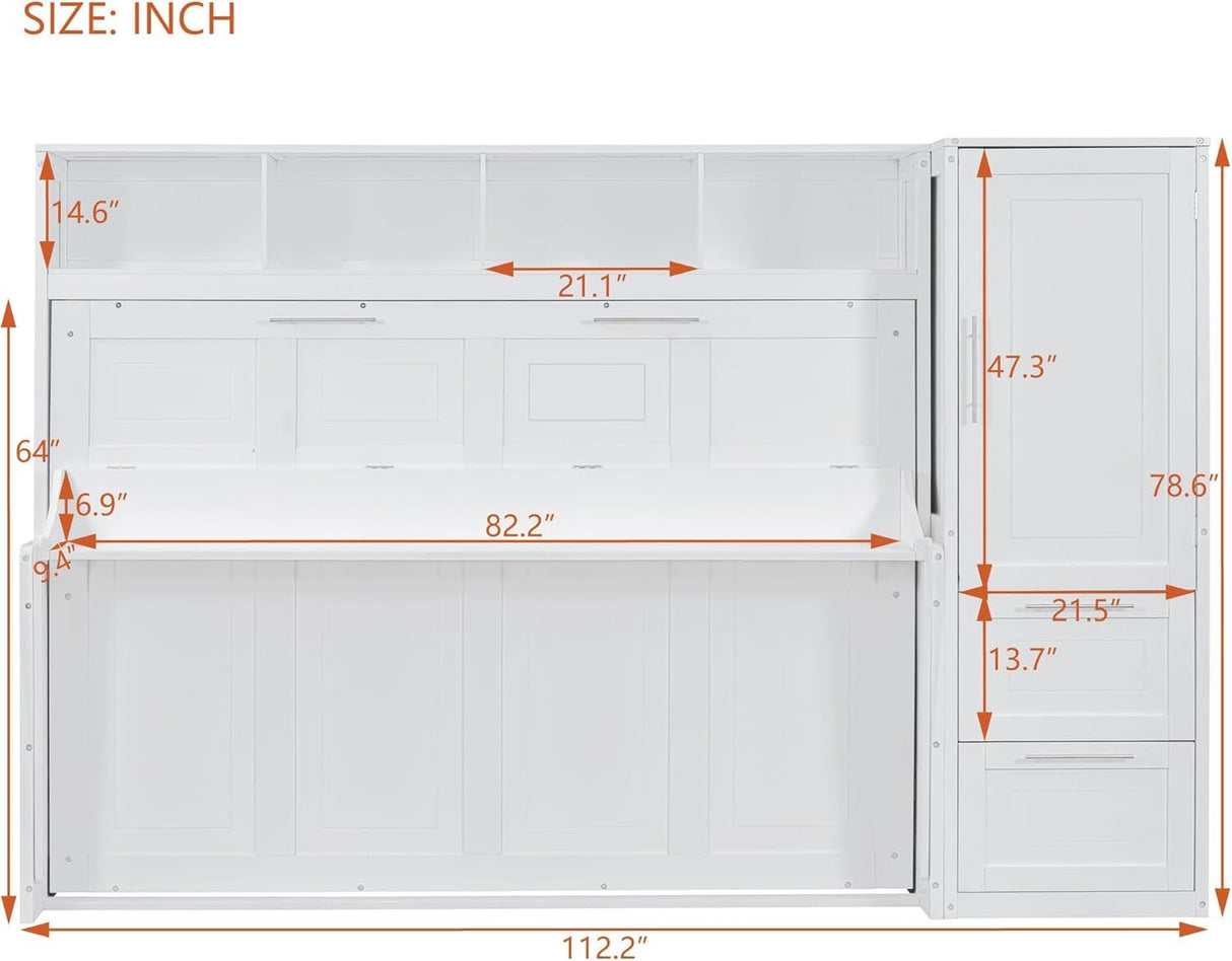 MERITLINE Queen Murphy Bed with Wardrobe Closet,2 Drawer,4 Storage Open Shelves,Wood Folding Murphy Wall Bed Cabinet (White) MERITLINE
