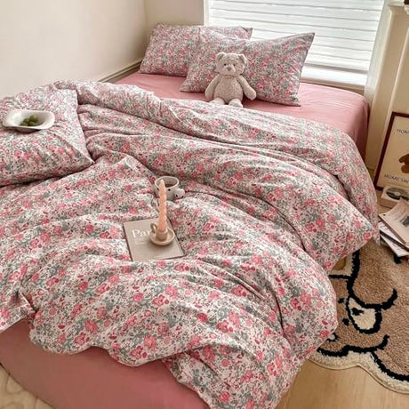 HighBuy Boho Comforter Twin XL Size Pink Floral Rabbit Bedding Comforter Sets 3 Piece French Country Style Cozy Fluffy Comforters for Teen Girls Kids,Cute Flower Bedding Collection for All Season HighBuy