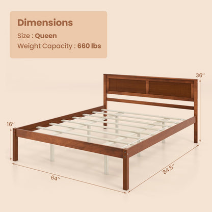 Giantex Wood Queen Platform Bed with Headboard, Mid Century Solid Wood Bed Frame with Wood Slat Support, Wooden Mattress Foundation with 12" Under
