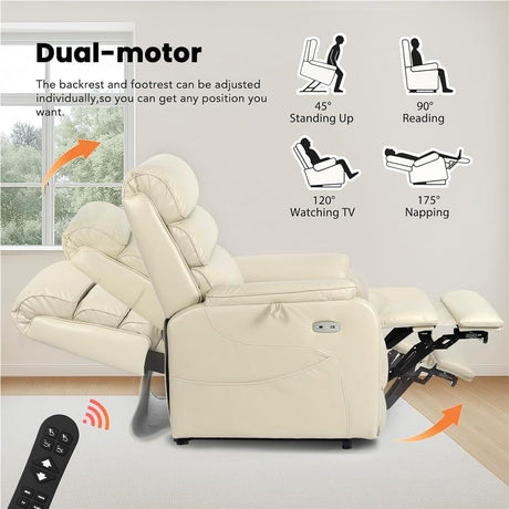 Wide Lay Flat Power Lift Recliner Chair Elderly Heavy Duty Oversized Leather Reclining Sofa Heat and Massage USB Charging Ports Remote Control Adjustable Cream White Living Room Comfortable Seating UOPYNE