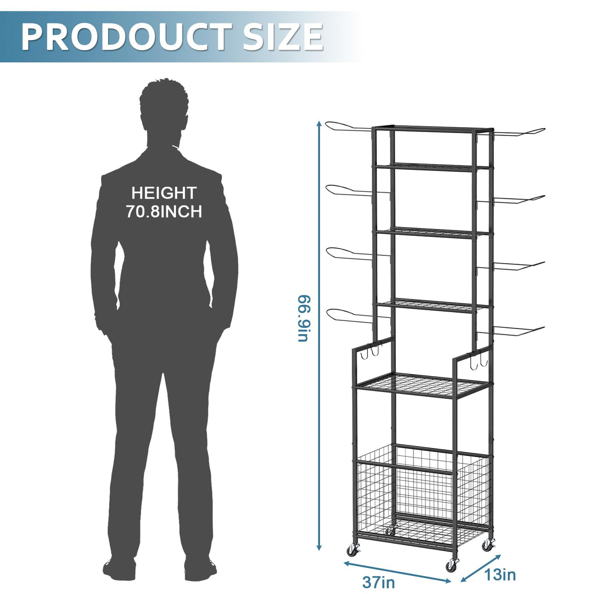 Shinoske Ball Storage Rack with Wheels,6-Tier Basketball Rack with Storage Basket and Hooks,Multi Use Garage Sports Equipment Organizer,for Sports Gear,Volleyball,Football,Indoor/Outdoor Use,Black Shinoske