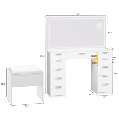 DWVO Wooden Makeup Vanity Desk Set with XL LED Mirror and Power Outlets, 11-Drawer Dressing Table with Storage Bench and Magnifying Glass for Bedroom, Pearl White