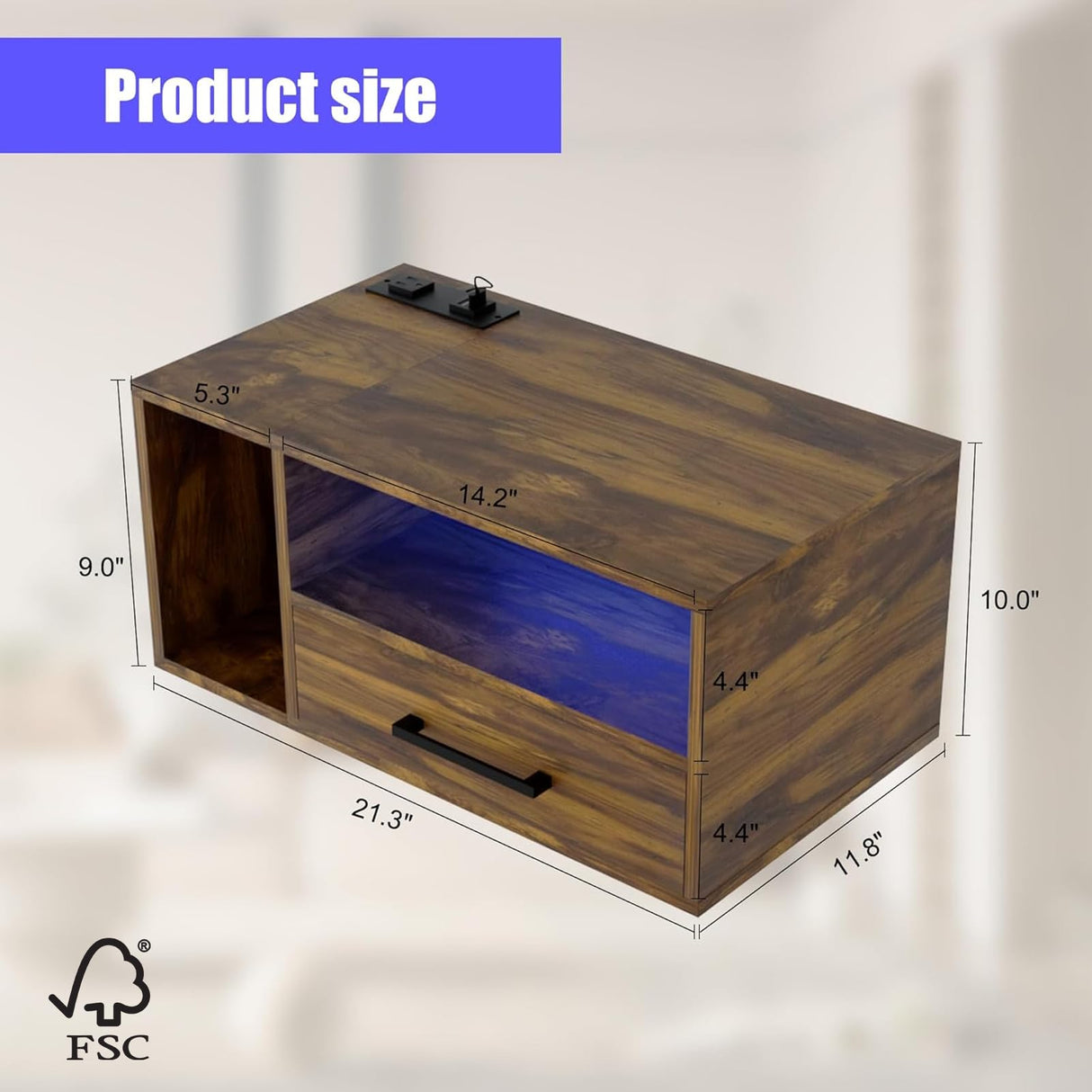 Homaterial Floating Nightstand with Charging Station and LED Lights, Floating Bedside Table with Drawers Wall Mounted Nightstands,for Bedroom Room, 21.3" x 11.8" x 10",Rustic Brown Homaterial