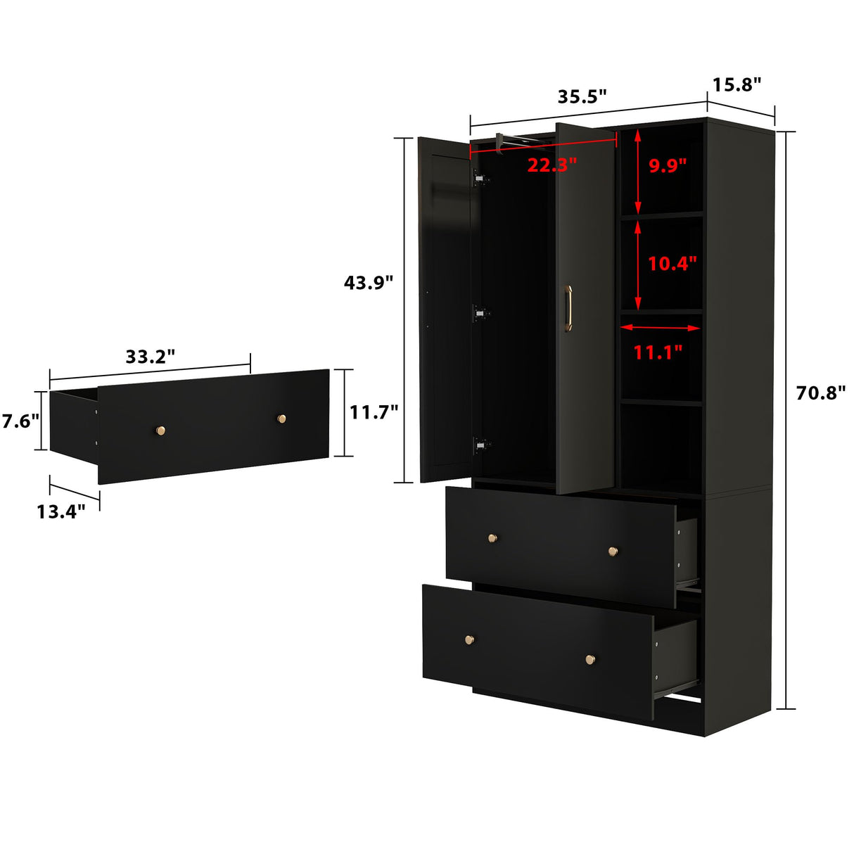 Homsee Wardrobe Armoire Wooden Closet with Mirror, 2 Doors, 2 Drawers, 4 Open Storage Cubes and Hanging Rod for Bedroom, Black (35.5”L x 15.8”W x 70.8”H) Homsee