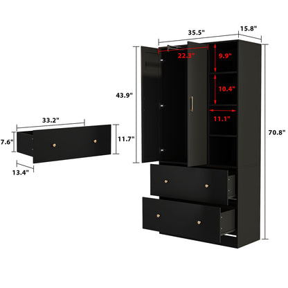 Homsee Wardrobe Armoire Wooden Closet with Mirror, 2 Doors, 2 Drawers, 4 Open Storage Cubes and Hanging Rod for Bedroom, Black (35.5”L x 15.8”W x 70.8”H) - WoodArtSupply