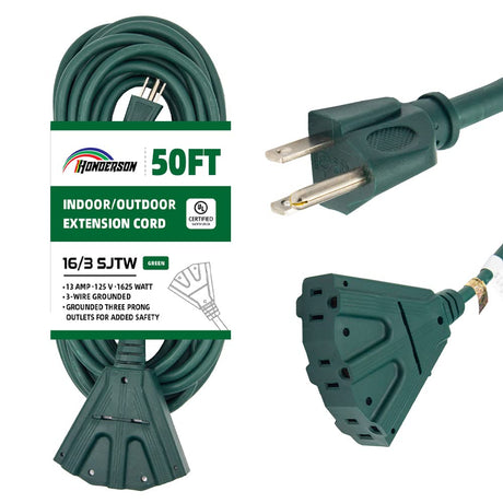 HONDERSON 3-Outlets Indoor Outdoor Extension Cord Weatherproof, UL Listed, 16 Gauge 50FT Green 3 Prong Heavy Duty Extension Cord Multiple Outlets, 16/3 SJTW 13A Power Extension Cord HONDERSON