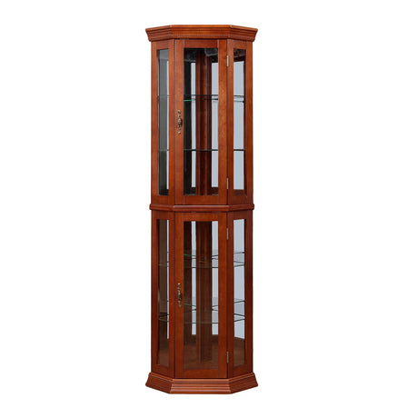 Rpuzonier Lighted Wooden Corner Display Curio Cabinet, Curved Shelving Unit with Adjustable Shelves and Mirrored Back Panel, Tempered Glass Doors for Bedroom, Living Room (Walnut, Corner Shape) Rpuzonier