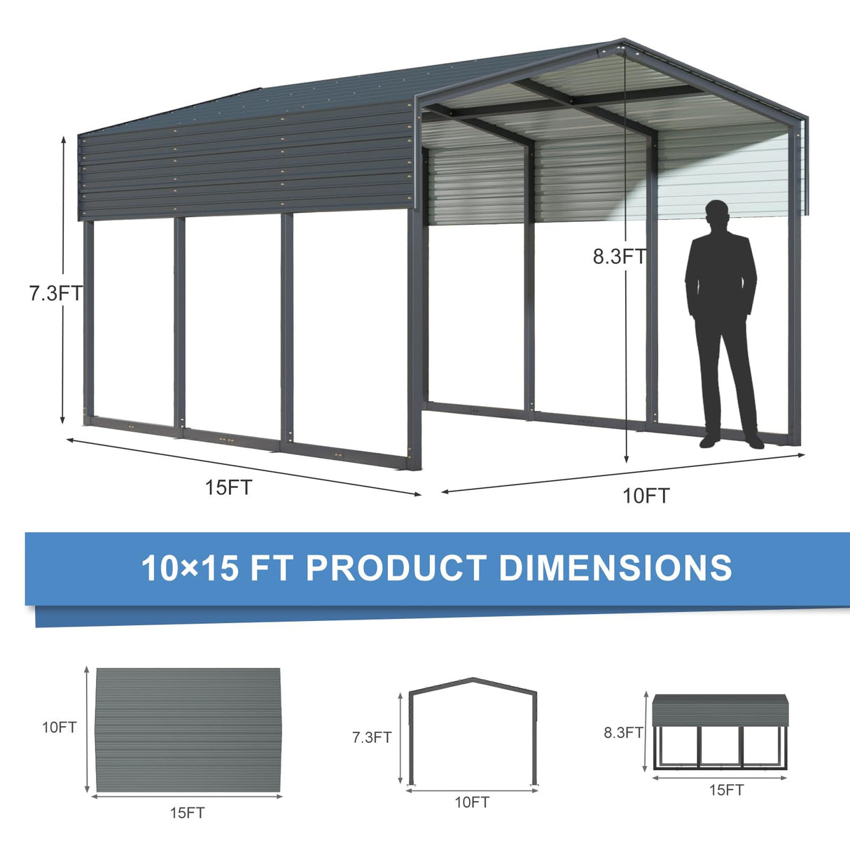 SENYUN Heavy Duty Metal Carport, 10X15 FT Waterproof Carport Canopy with Galvanized Steel Frame and Roof Sunshade Garage Car Shelter for Trucks, Boats, Tractors SENYUN