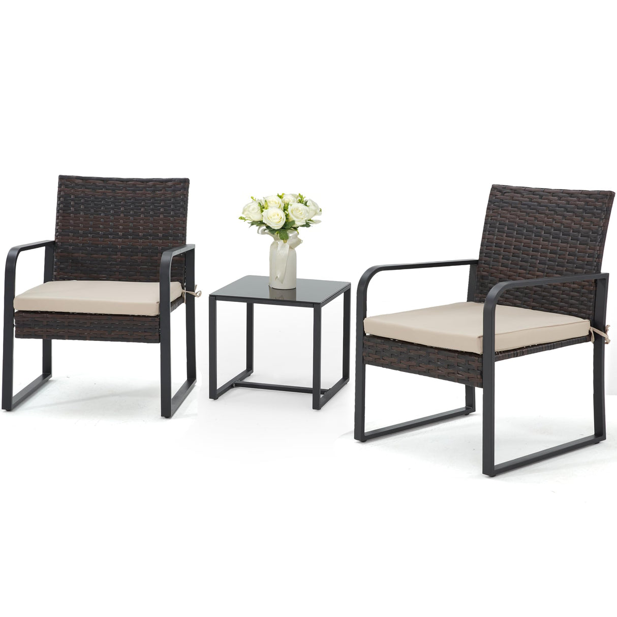 Bezseller 3 Piece Outdoor Patio Furniture Set, Patio Bistro Set Wicker Conversation Set, Modern Rattan Chair with Glass Coffee Table for Backyard, Porches, Poolside, Lawn and Balcony Bezseller