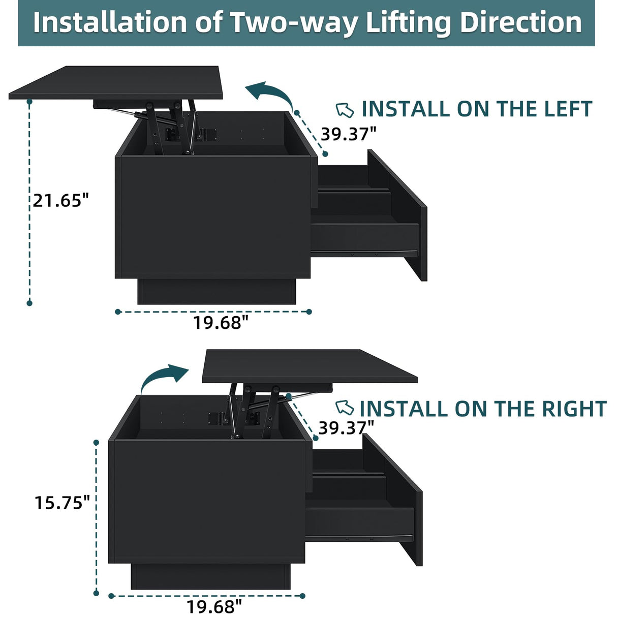 HOMMPA Lift Top Coffee Table with Hidden Storage LED Coffee Table Morden High Gloss Black Living Room 3 Tiers Modern Tea Table with Storage Center Tables Hidden Compartment & 2 Drawers HOMMPA