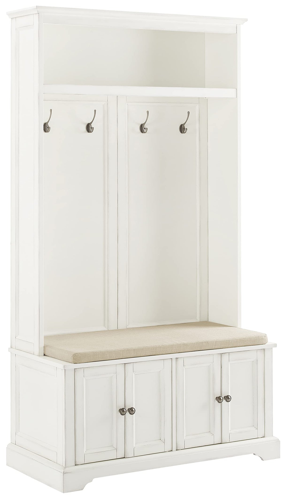 Crosley Furniture Holbrook Hall Tree with Shoe Rack Bench and Coat Hooks for Hanging Storage, Distressed White Crosley Furniture