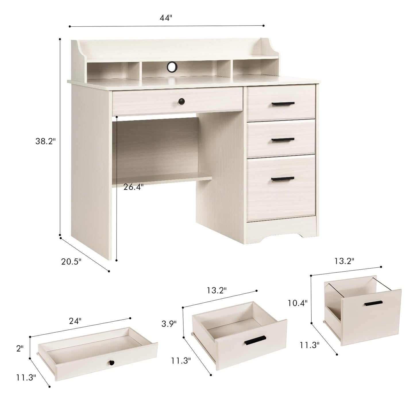 Catrimown Computer Desk with Drawers and Hutch, Farmhouse Home Office Desk Writing Table Wood Executive Desk Student Desk with File Drawer for Bedroom, Small Space, Milky White - WoodArtSupply